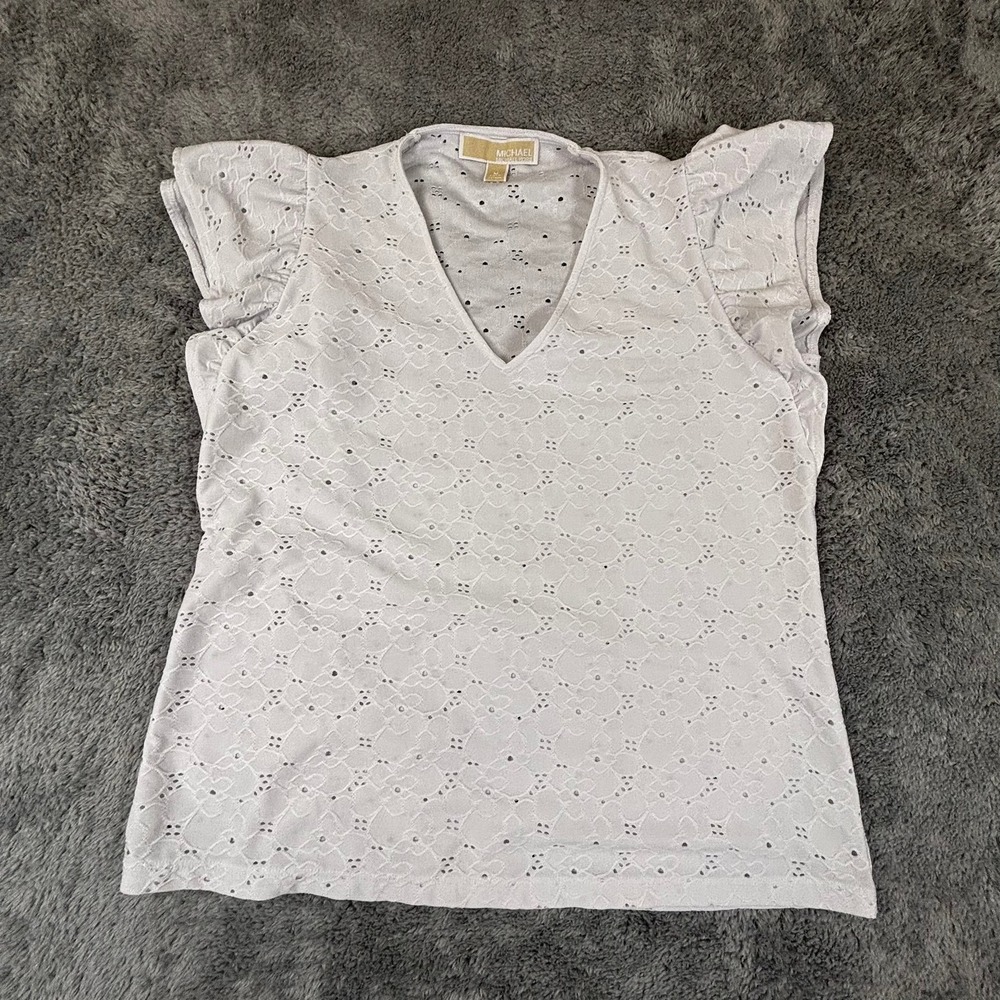 Michael Michael Kors White Eyelet Flutter Sleeve V-Neck Top Medium